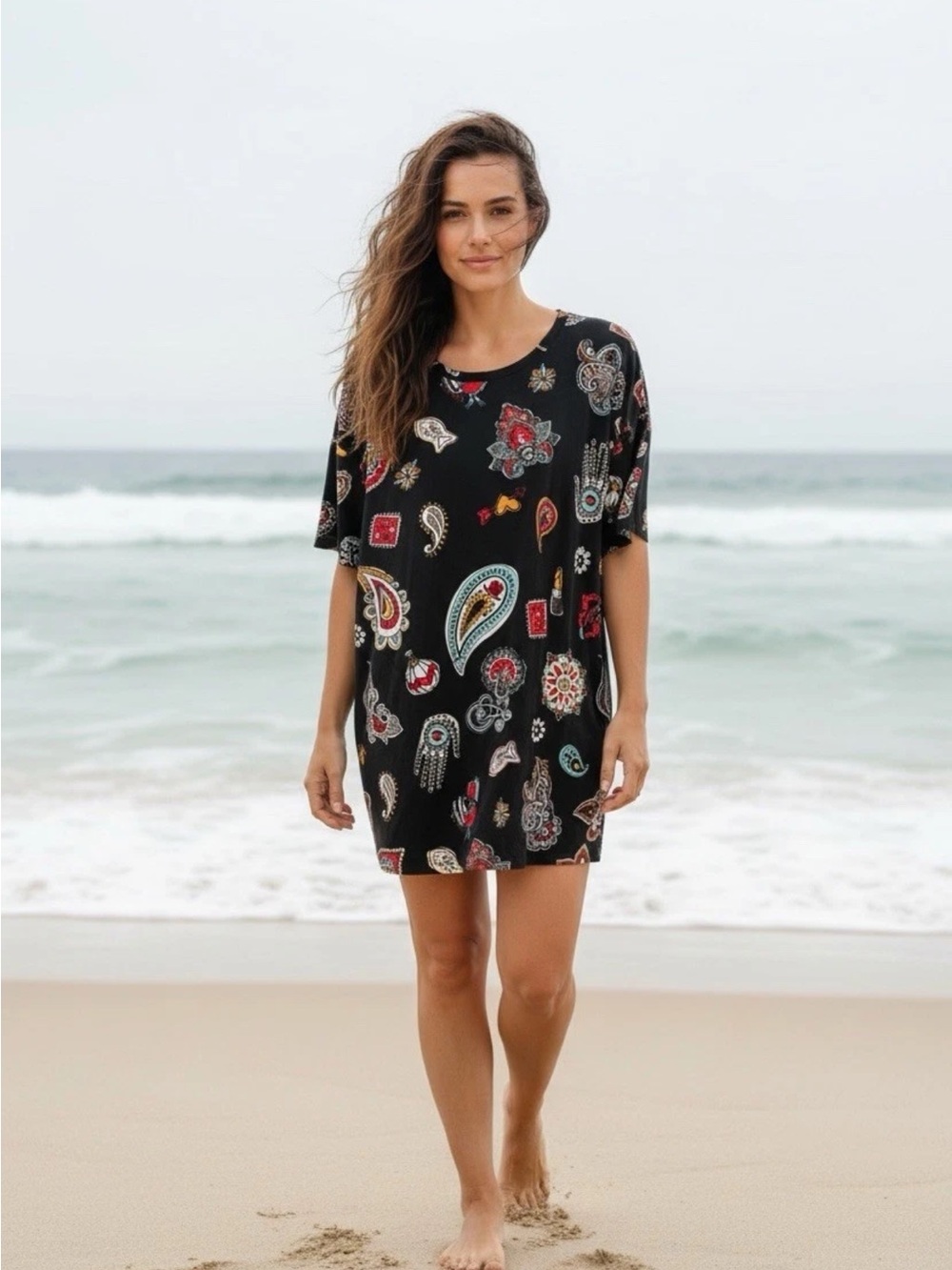 Zara Trafaluc Size L Black Paisley-Print Swim Beach Coverup Oversized Dress